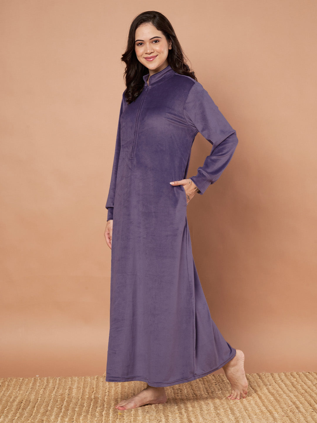 Purple Solid Velvet Winter Nighty