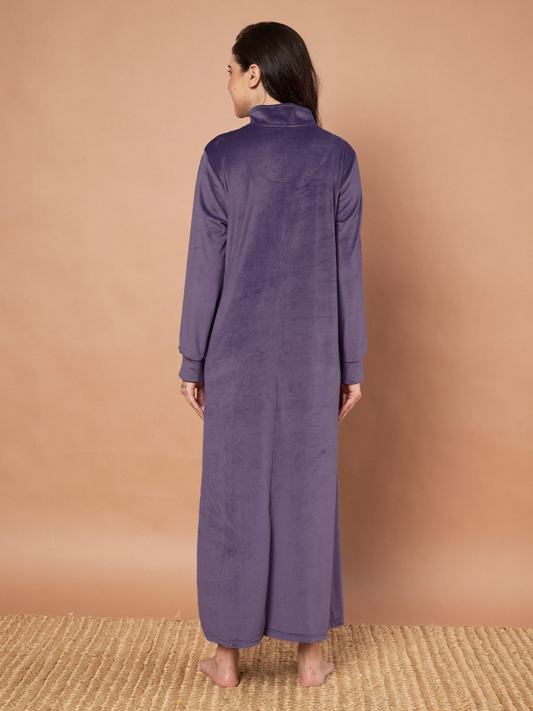 Purple Solid Velvet Winter Nighty