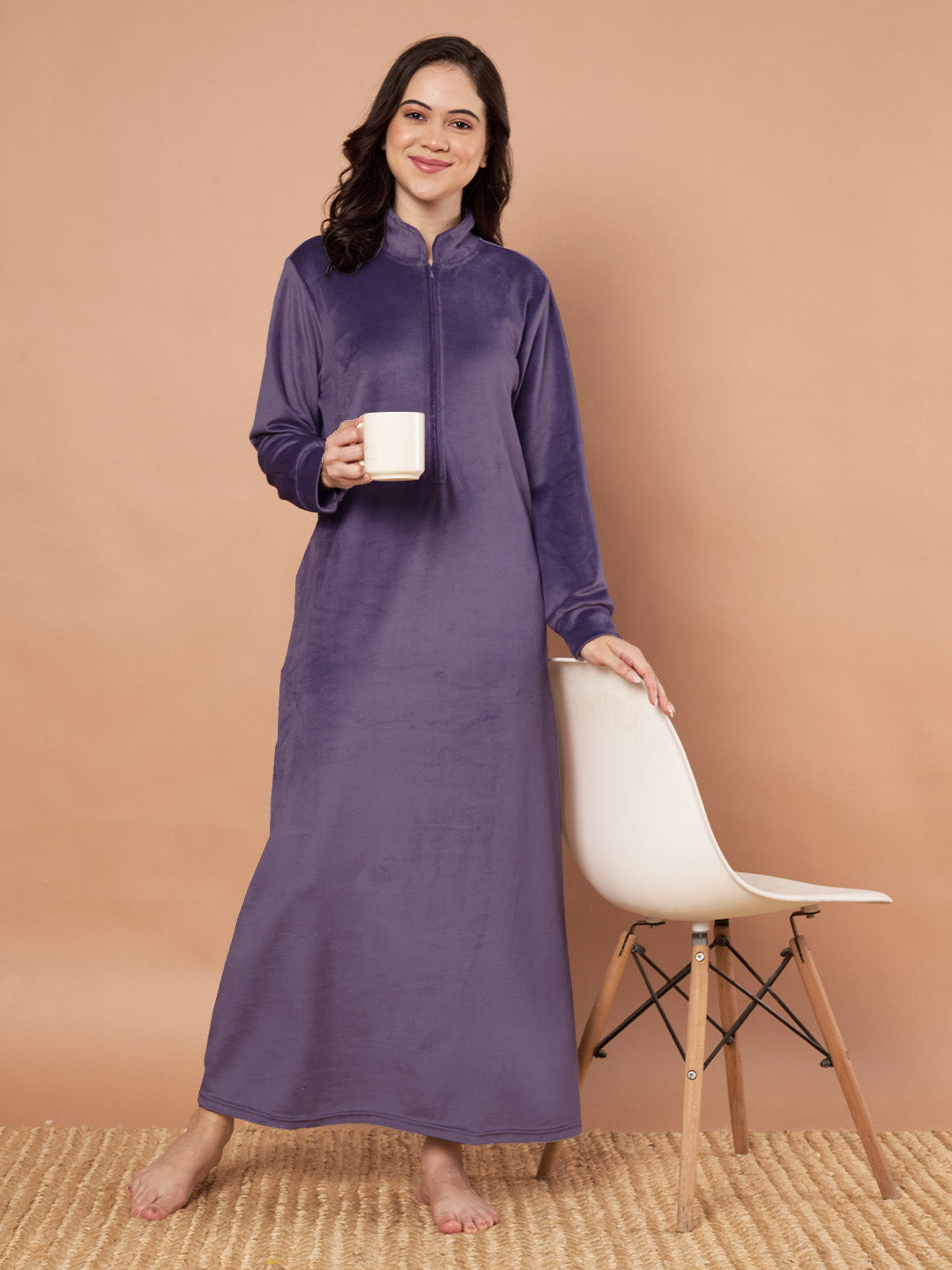 Purple Solid Velvet Winter Nighty