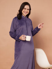 Purple Solid Velvet Winter Nighty