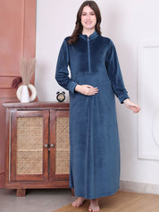 Solid Blue Velvet Maternity Nighty Full Length