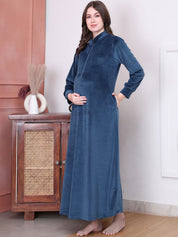 Solid Blue Velvet Maternity Nighty Full Length