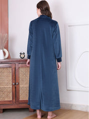 Solid Blue Velvet Maternity Nighty Full Length
