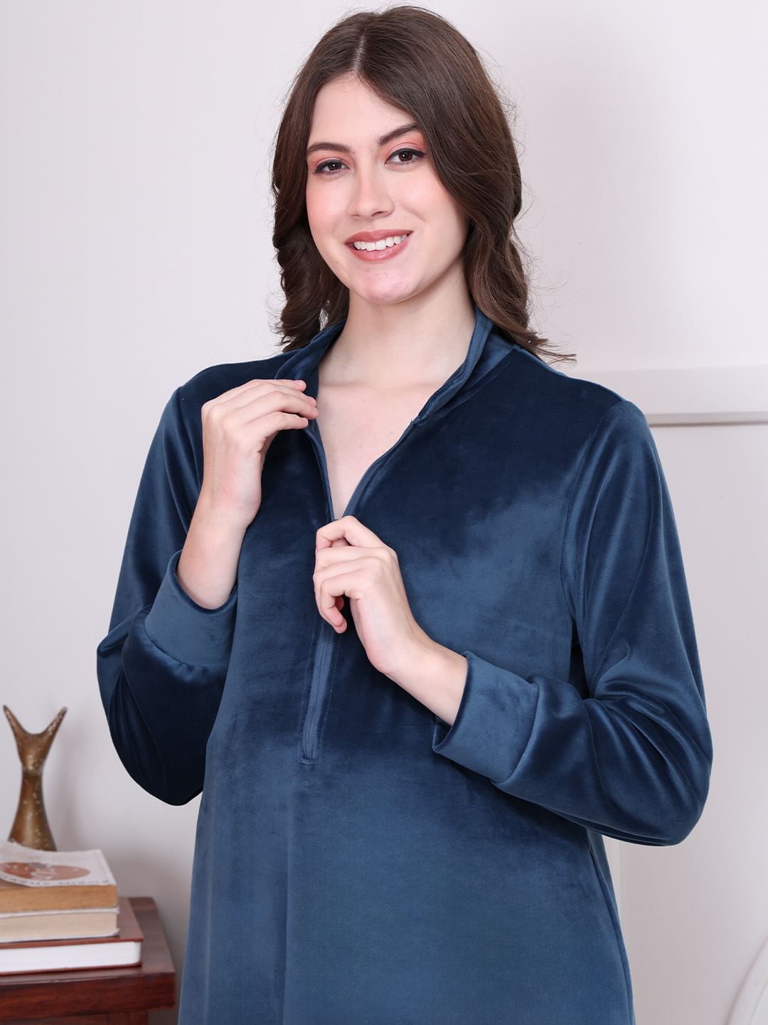 Solid Blue Velvet Maternity Nighty Full Length