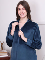 Solid Blue Velvet Maternity Nighty Full Length