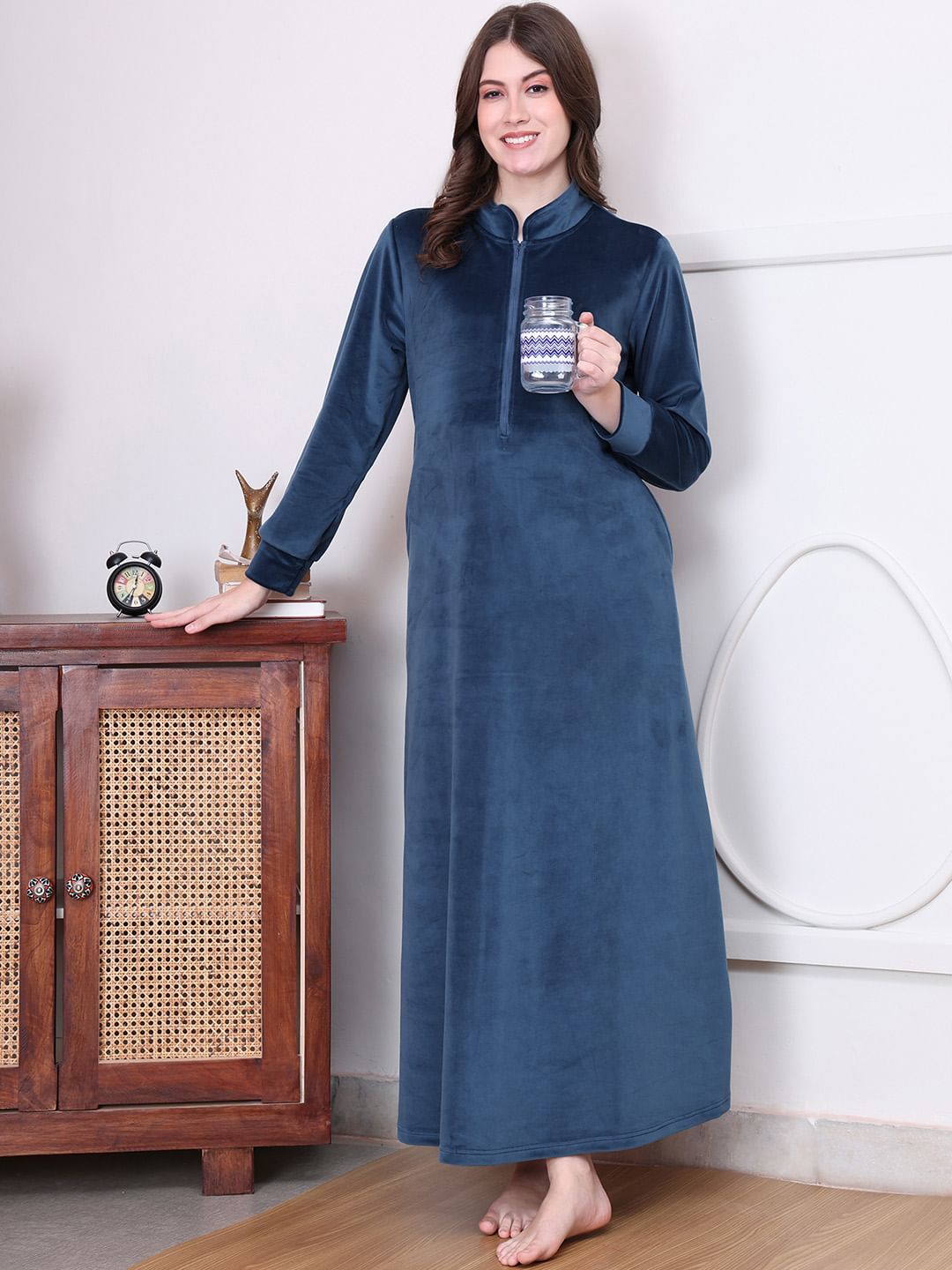 Solid Blue Velvet Maternity Nighty Full Length