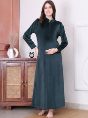 Solid Green Velvet Maternity Nighty Full Length