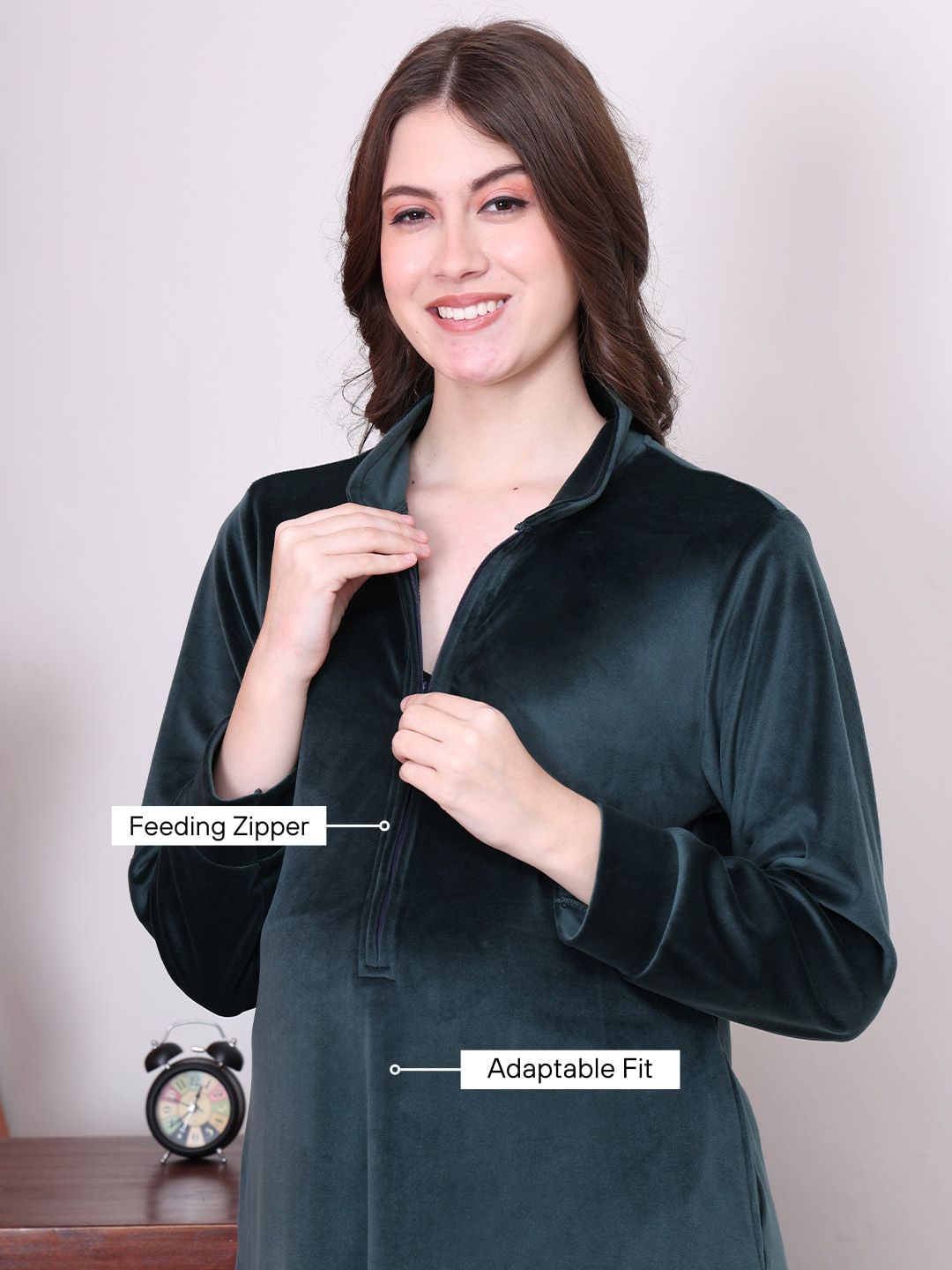 Solid Green Velvet Maternity Nighty Full Length