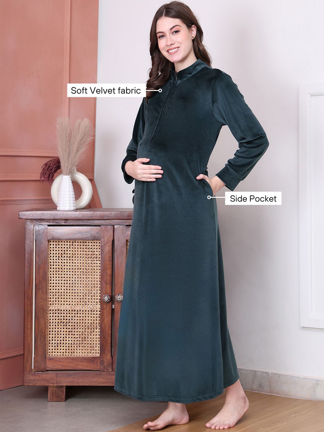 Solid Green Velvet Maternity Nighty Full Length