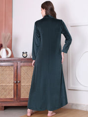 Solid Green Velvet Maternity Nighty Full Length