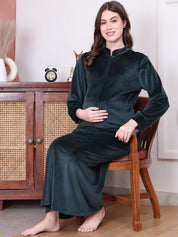 Solid Green Velvet Maternity Nighty Full Length