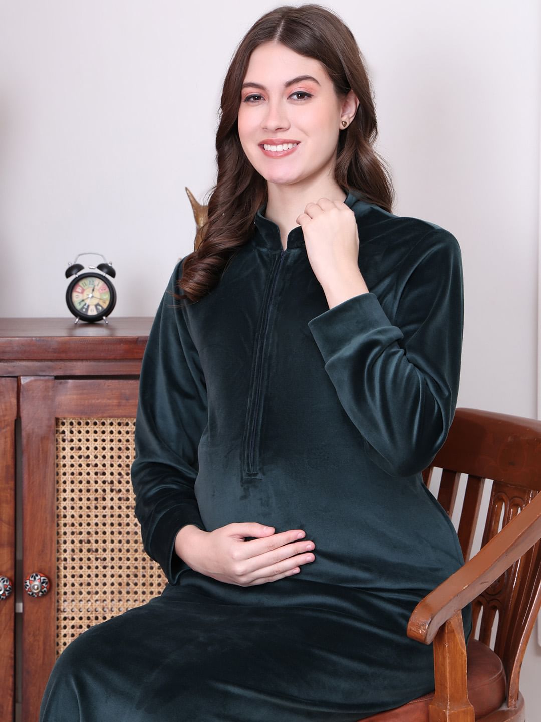 Solid Green Velvet Maternity Nighty Full Length