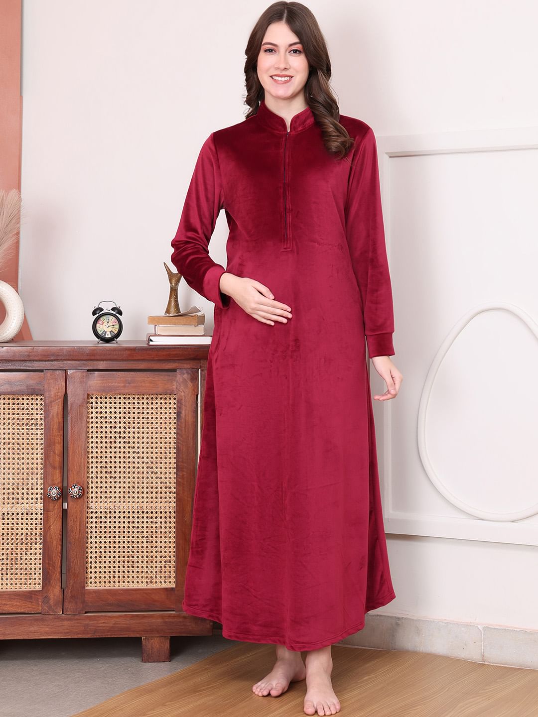 Solid Maroon Velvet Maternity Nighty Full Length