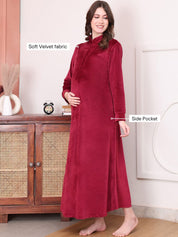 Solid Maroon Velvet Maternity Nighty Full Length