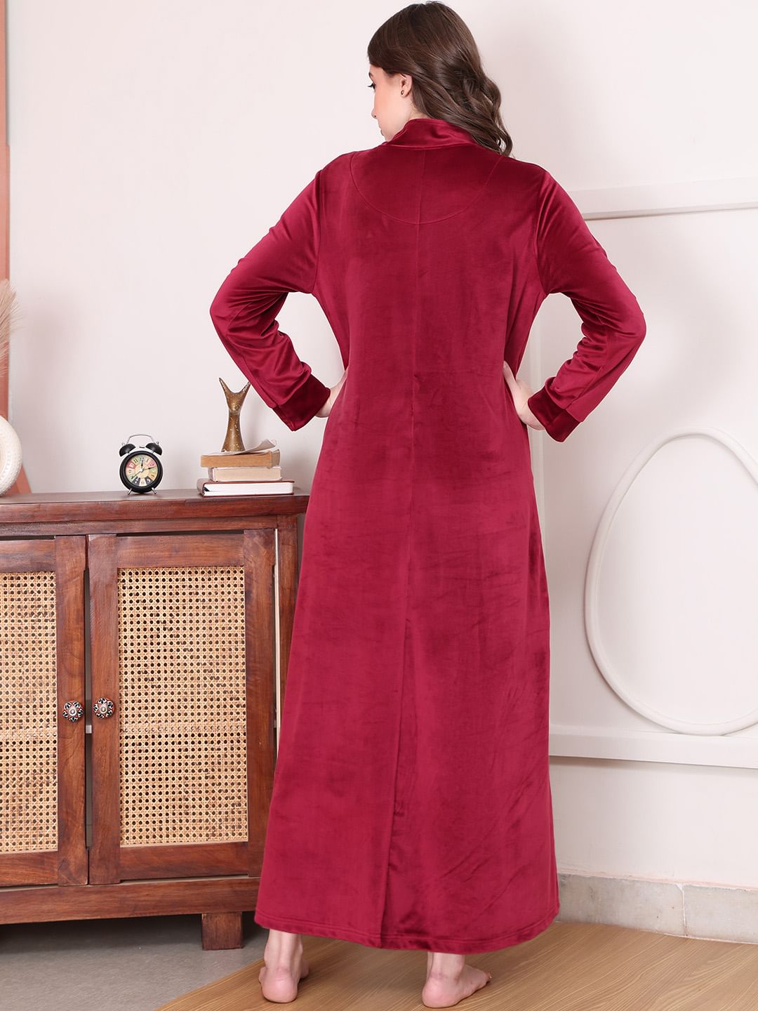 Solid Maroon Velvet Maternity Nighty Full Length