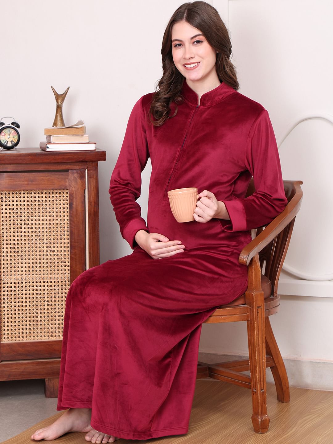 Solid Maroon Velvet Maternity Nighty Full Length