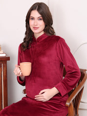 Solid Maroon Velvet Maternity Nighty Full Length