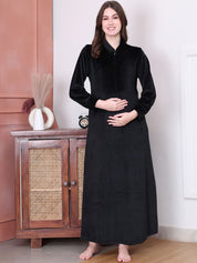Solid Black Velvet Maternity Nighty Full Length