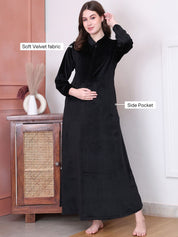 Solid Black Velvet Maternity Nighty Full Length
