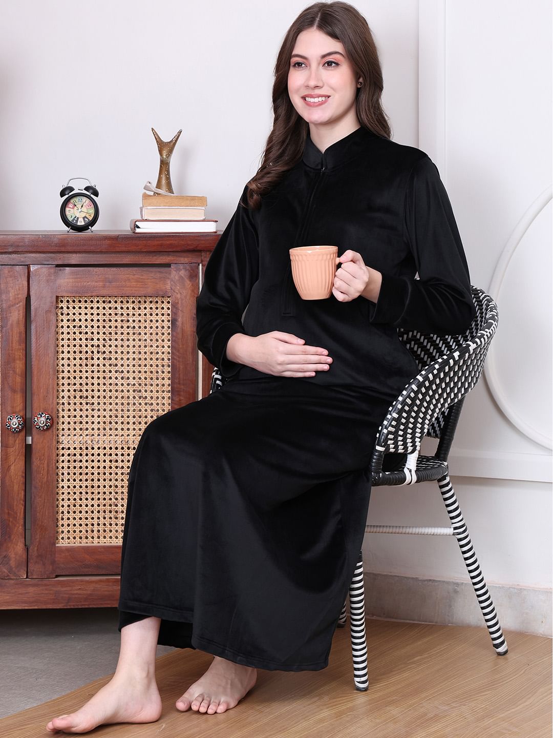 Solid Black Velvet Maternity Nighty Full Length