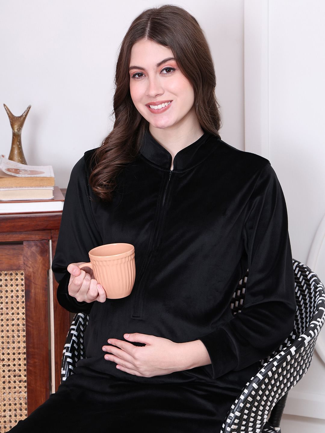 Solid Black Velvet Maternity Nighty Full Length