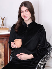 Solid Black Velvet Maternity Nighty Full Length