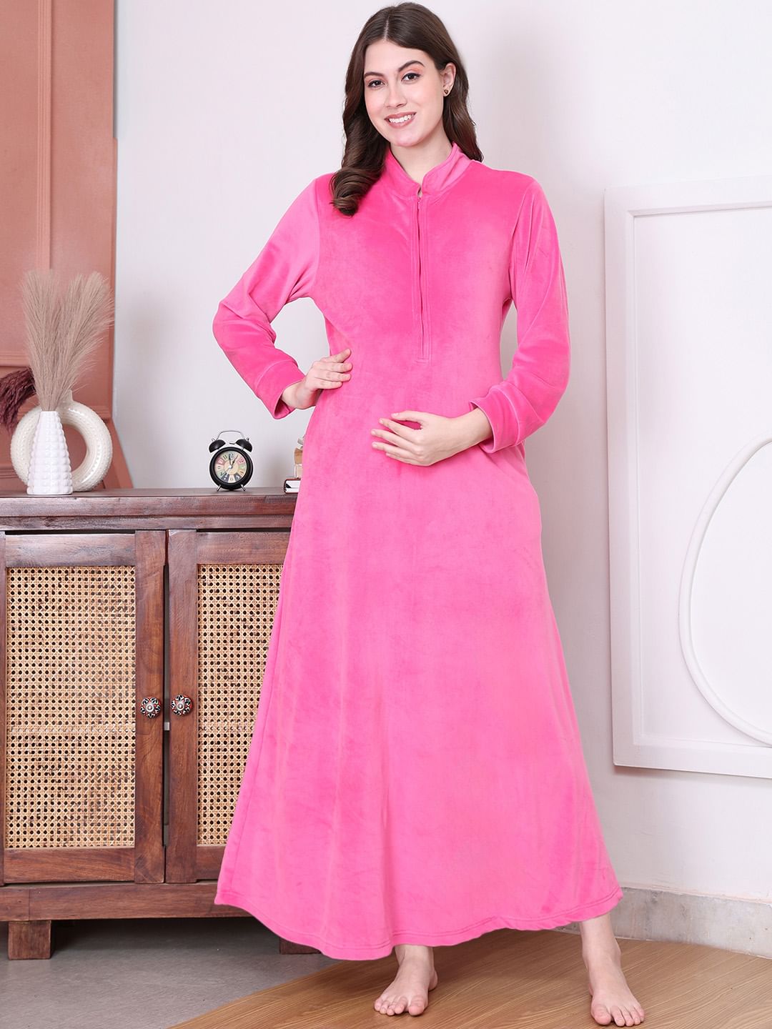 Solid Pink Velvet Maternity Nighty Full Length