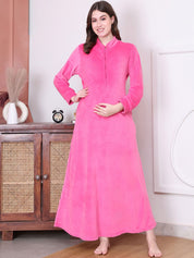 Solid Pink Velvet Maternity Nighty Full Length