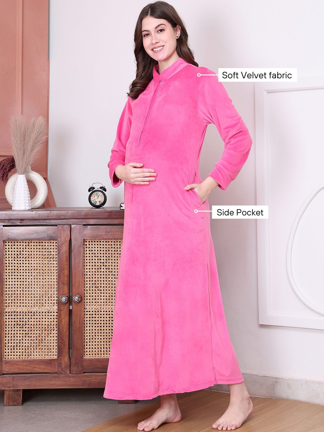 Solid Pink Velvet Maternity Nighty Full Length