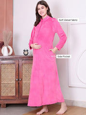 Solid Pink Velvet Maternity Nighty Full Length