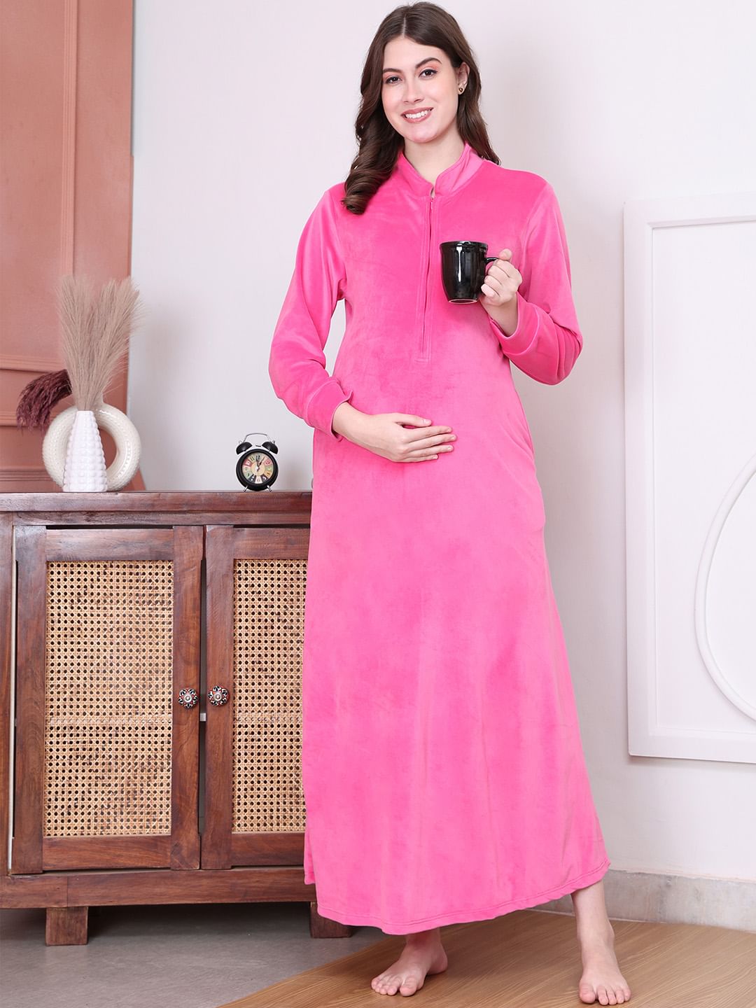 Solid Pink Velvet Maternity Nighty Full Length