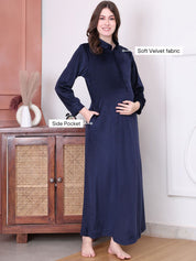 Solid Navy Blue Velvet Maternity Nighty Full Length