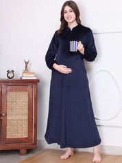 Solid Navy Blue Velvet Maternity Nighty Full Length