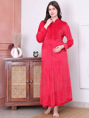 Solid Red Velvet Maternity Nighty Full Length