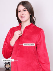 Solid Red Velvet Maternity Nighty Full Length