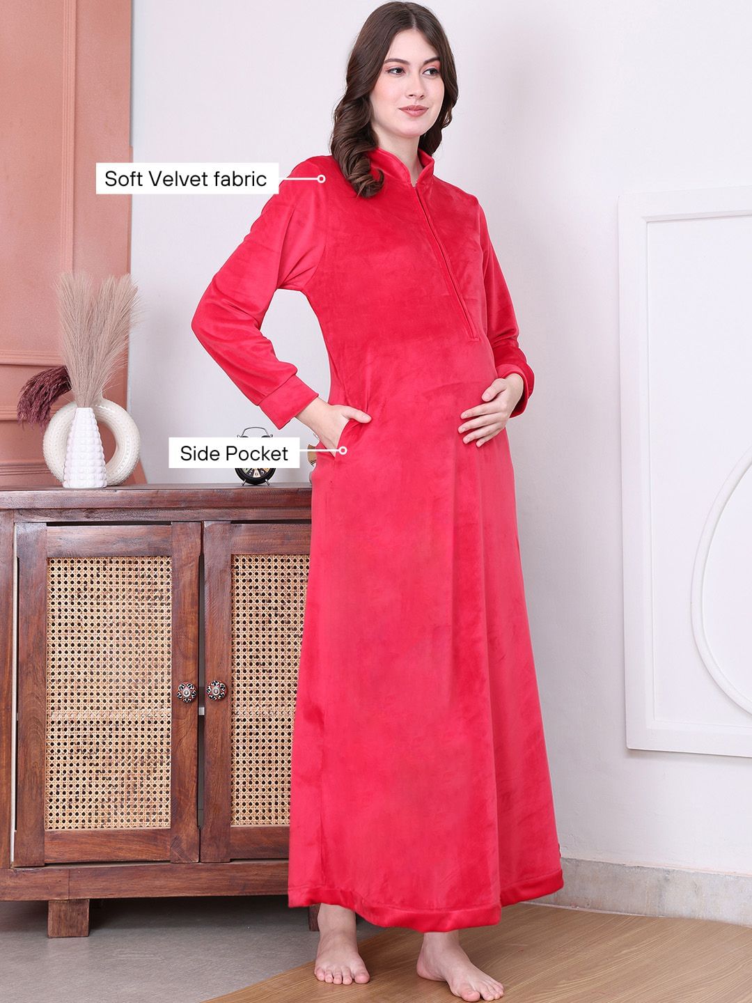 Solid Red Velvet Maternity Nighty Full Length