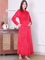 Solid Red Velvet Maternity Nighty Full Length