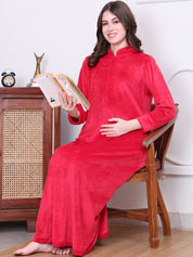 Solid Red Velvet Maternity Nighty Full Length