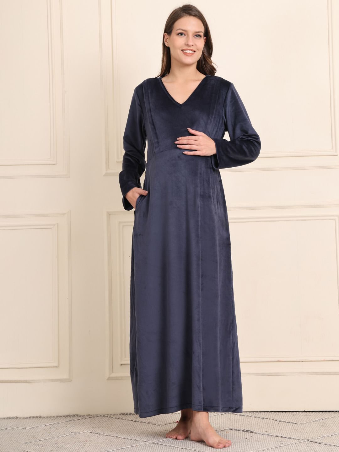 Navy Blue Solid Velour Maternity Nighty