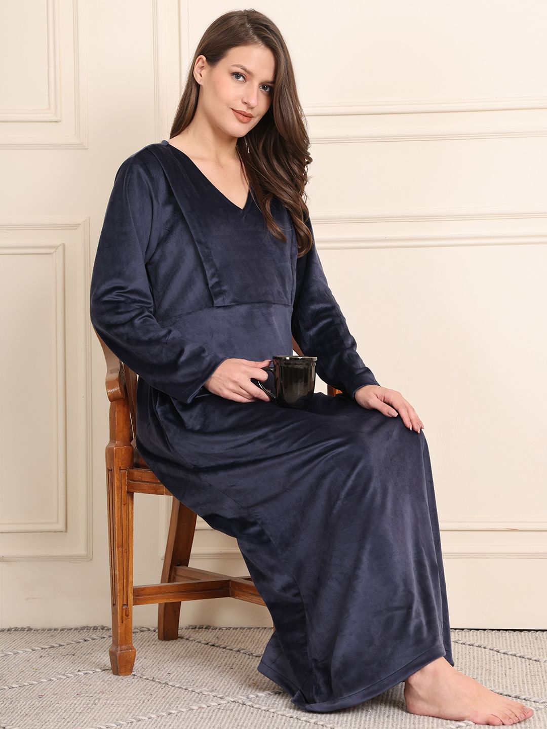 Navy Blue Solid Velour Maternity Nighty