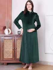 Bottle green Solid Velvet Maternity Nighty