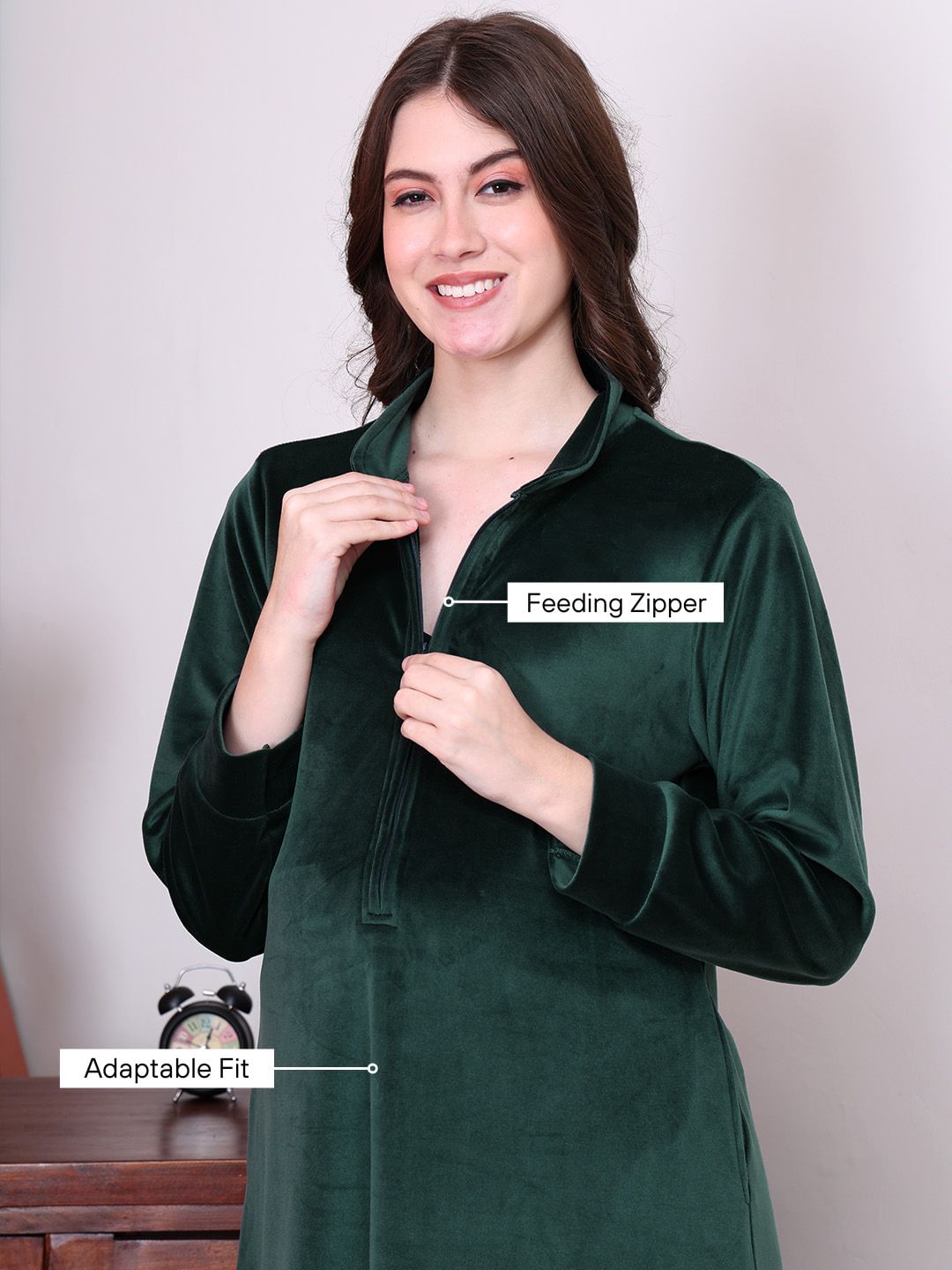 Bottle green Solid Velvet Maternity Nighty