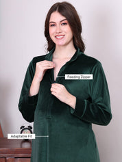 Bottle green Solid Velvet Maternity Nighty