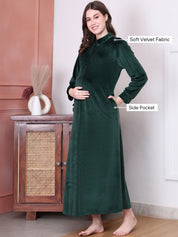 Bottle green Solid Velvet Maternity Nighty