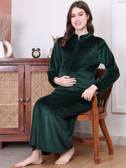 Bottle green Solid Velvet Maternity Nighty