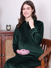 Bottle green Solid Velvet Maternity Nighty