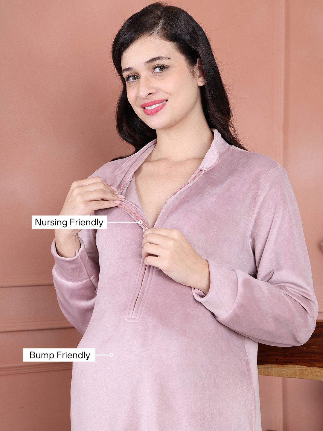 Secret Wish Pink Solid Velvet Maternity Nighty Full Length