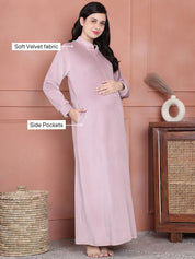 Secret Wish Pink Solid Velvet Maternity Nighty Full Length