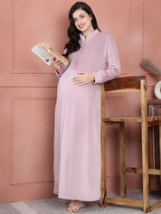 Secret Wish Pink Solid Velvet Maternity Nighty Full Length