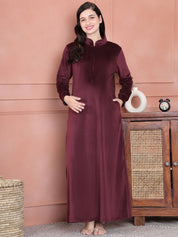 Secret Wish Burgundy Solid Velvet Maternity Nighty Full Length